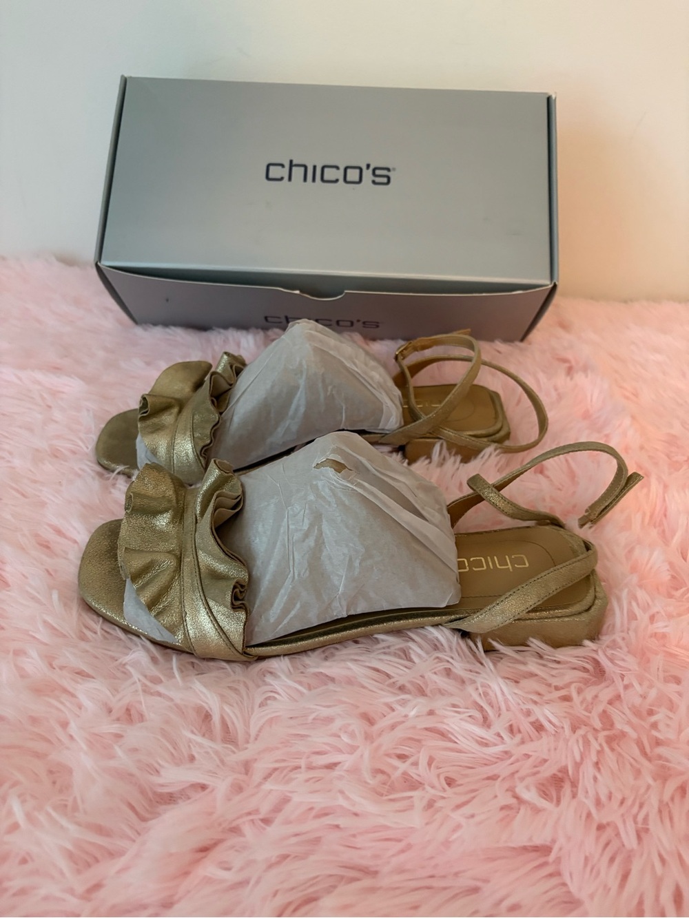 Chico's Metallic Gold Ruffle Sandals - Picture 2 of 9